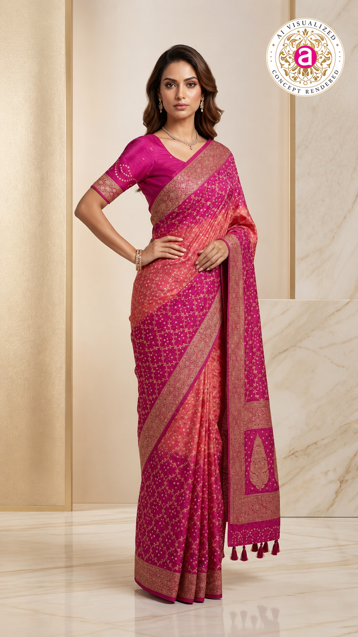 Fuchsia Pink & Blush Peach Bandhani Silk Saree with Zari Border