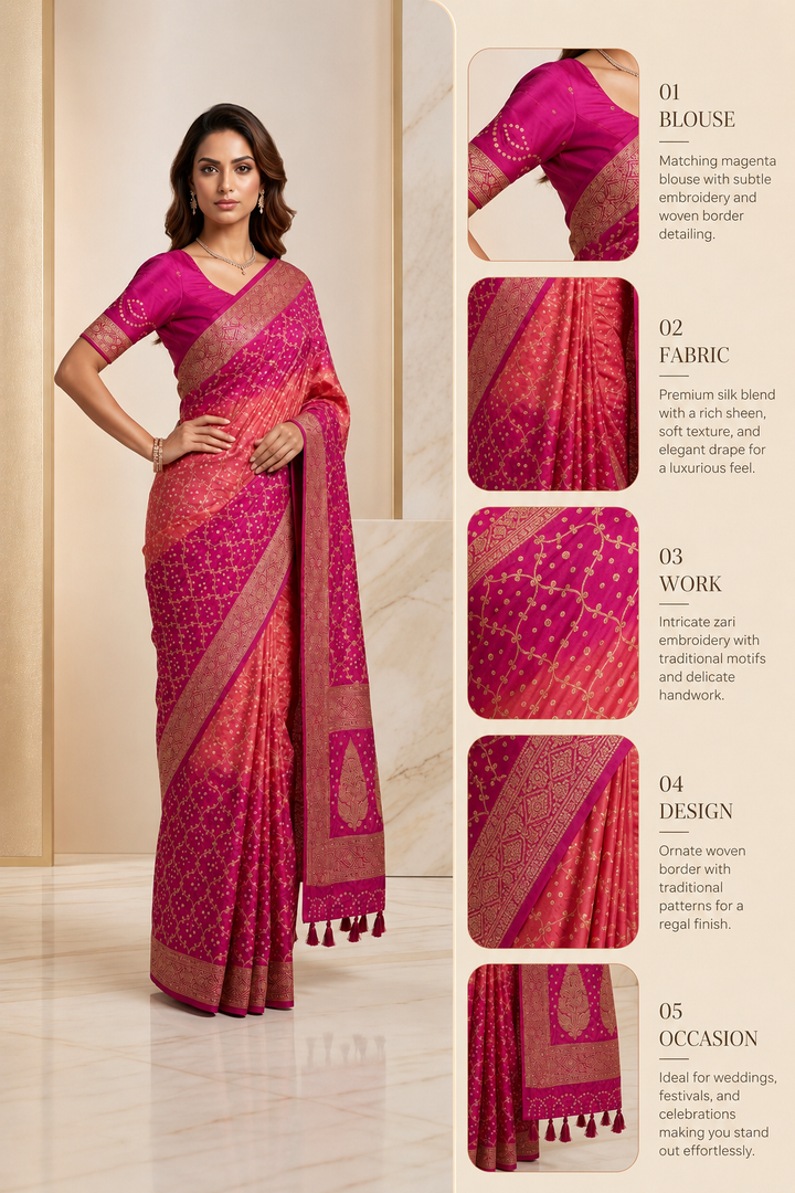 Fuchsia Pink & Blush Peach Bandhani Silk Saree with Zari Border