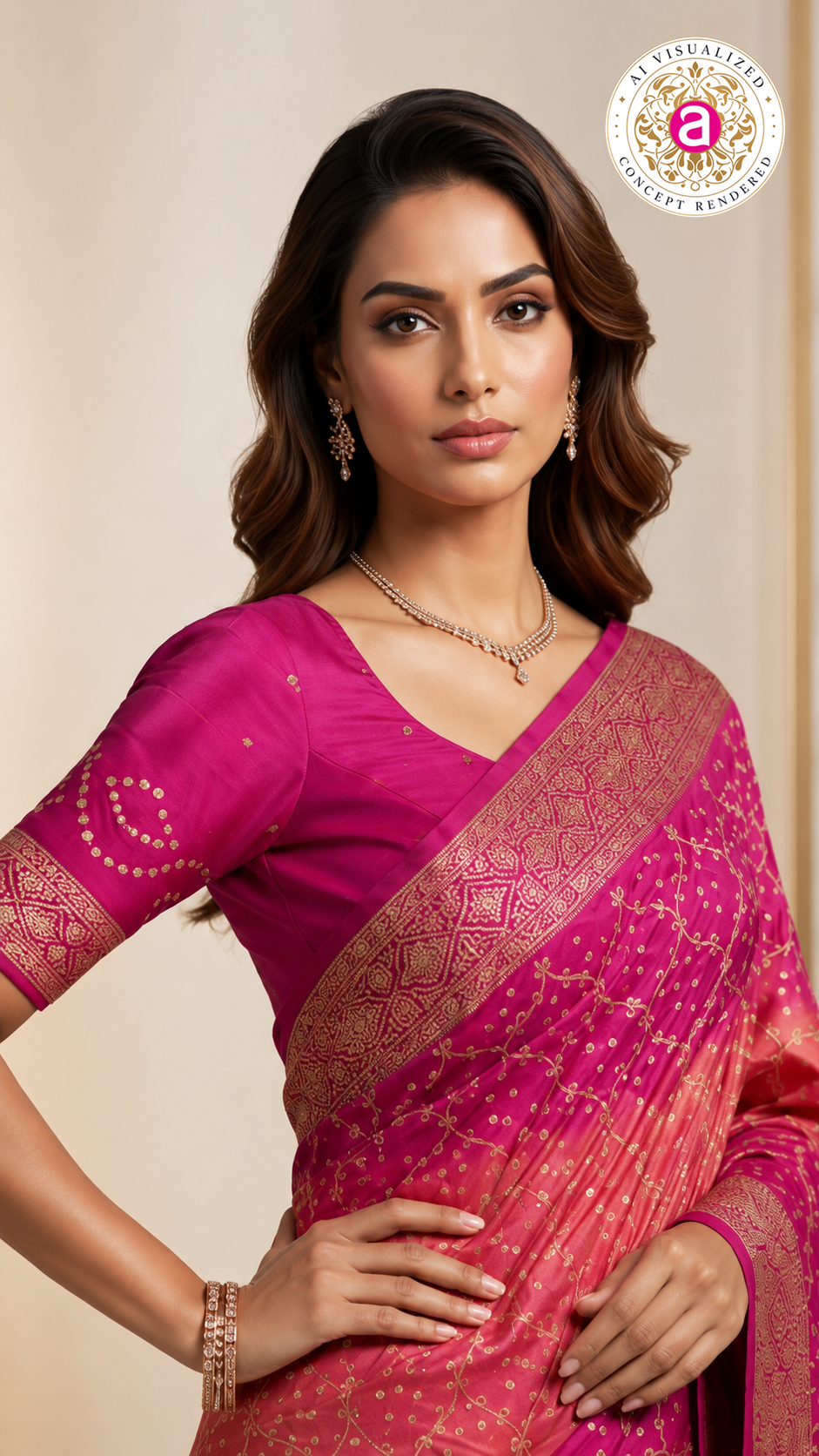 Fuchsia Pink & Blush Peach Bandhani Silk Saree with Zari Border