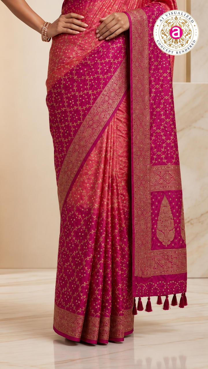 Fuchsia Pink & Blush Peach Bandhani Silk Saree with Zari Border