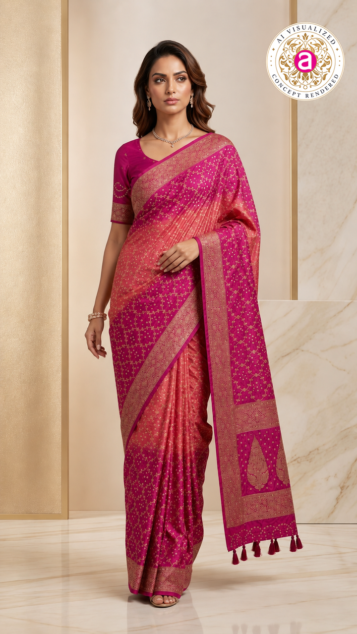 Fuchsia Pink & Blush Peach Bandhani Silk Saree with Zari Border