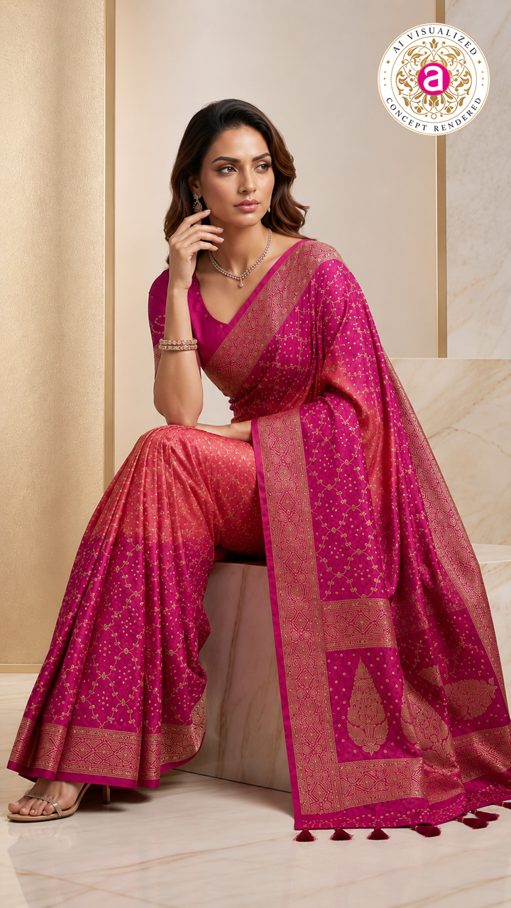 Fuchsia Pink & Blush Peach Bandhani Silk Saree with Zari Border