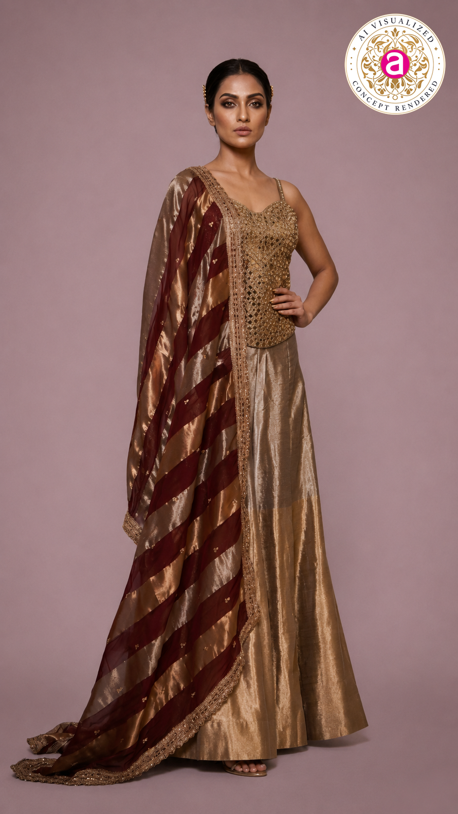 Champagne Gold Embellished Corset Top with Silk Palazzo & Striped Organza Dupatta