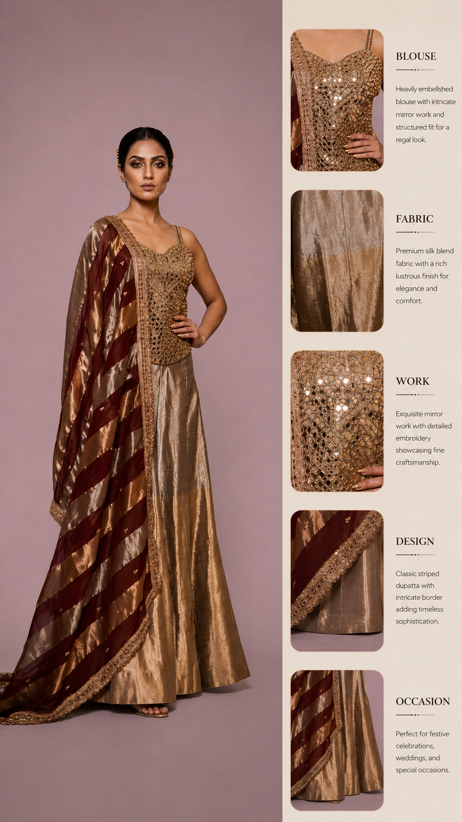 Champagne Gold Embellished Corset Top with Silk Palazzo & Striped Organza Dupatta