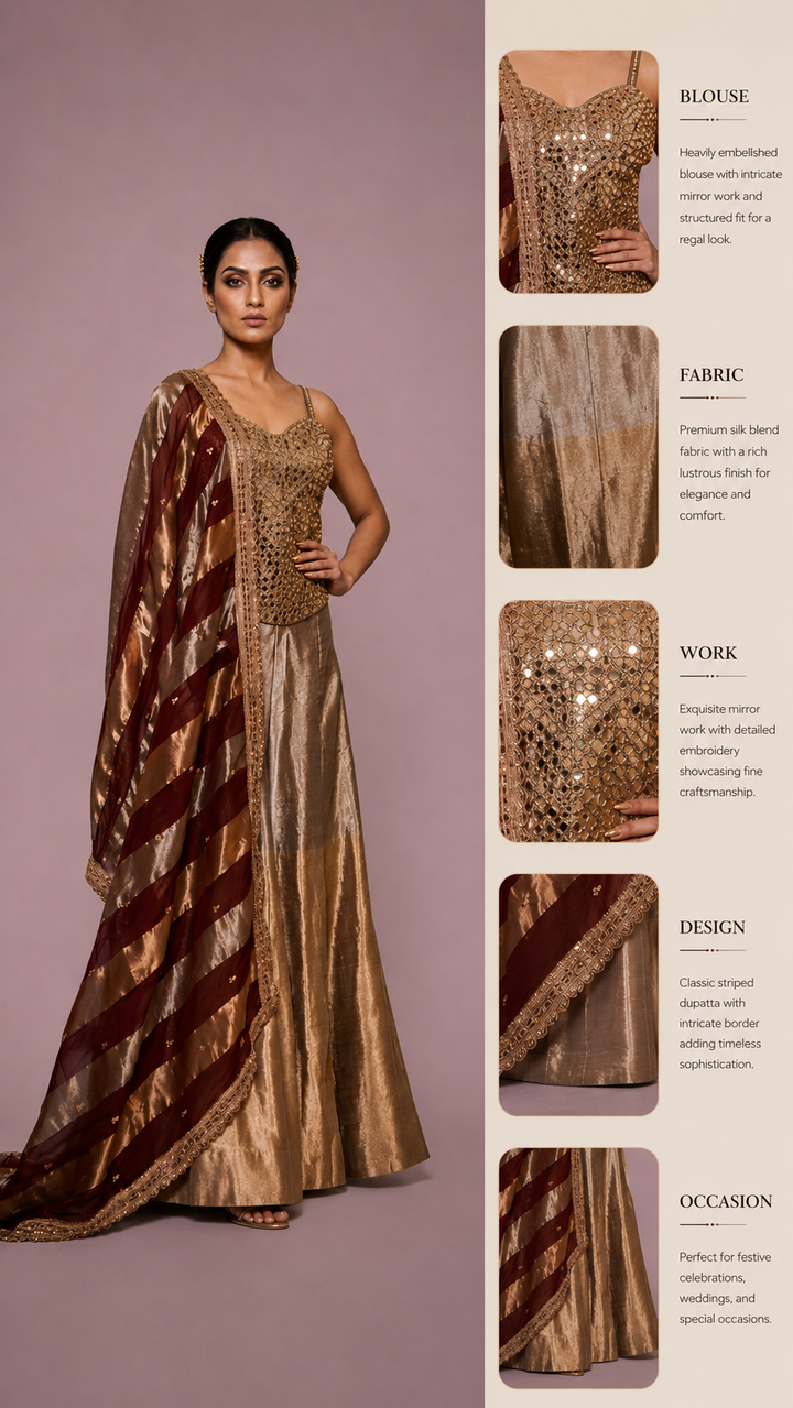 Champagne Gold Embellished Corset Top with Silk Palazzo & Striped Organza Dupatta