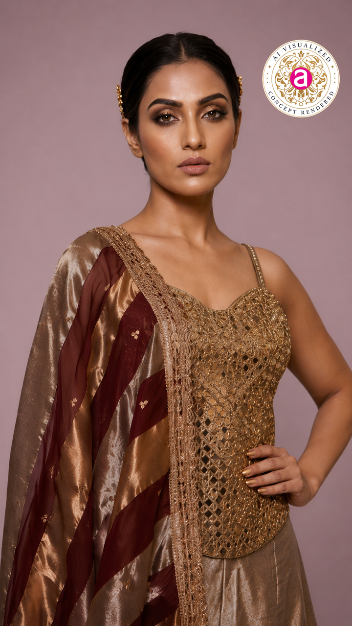 Champagne Gold Embellished Corset Top with Silk Palazzo & Striped Organza Dupatta
