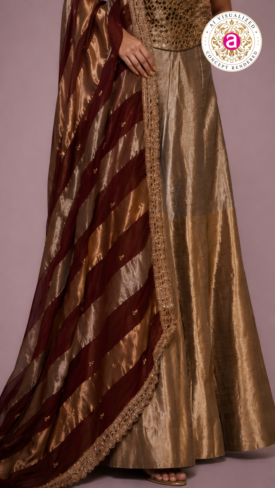 Champagne Gold Embellished Corset Top with Silk Palazzo & Striped Organza Dupatta