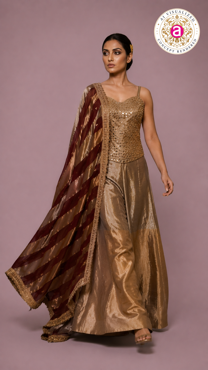 Champagne Gold Embellished Corset Top with Silk Palazzo & Striped Organza Dupatta