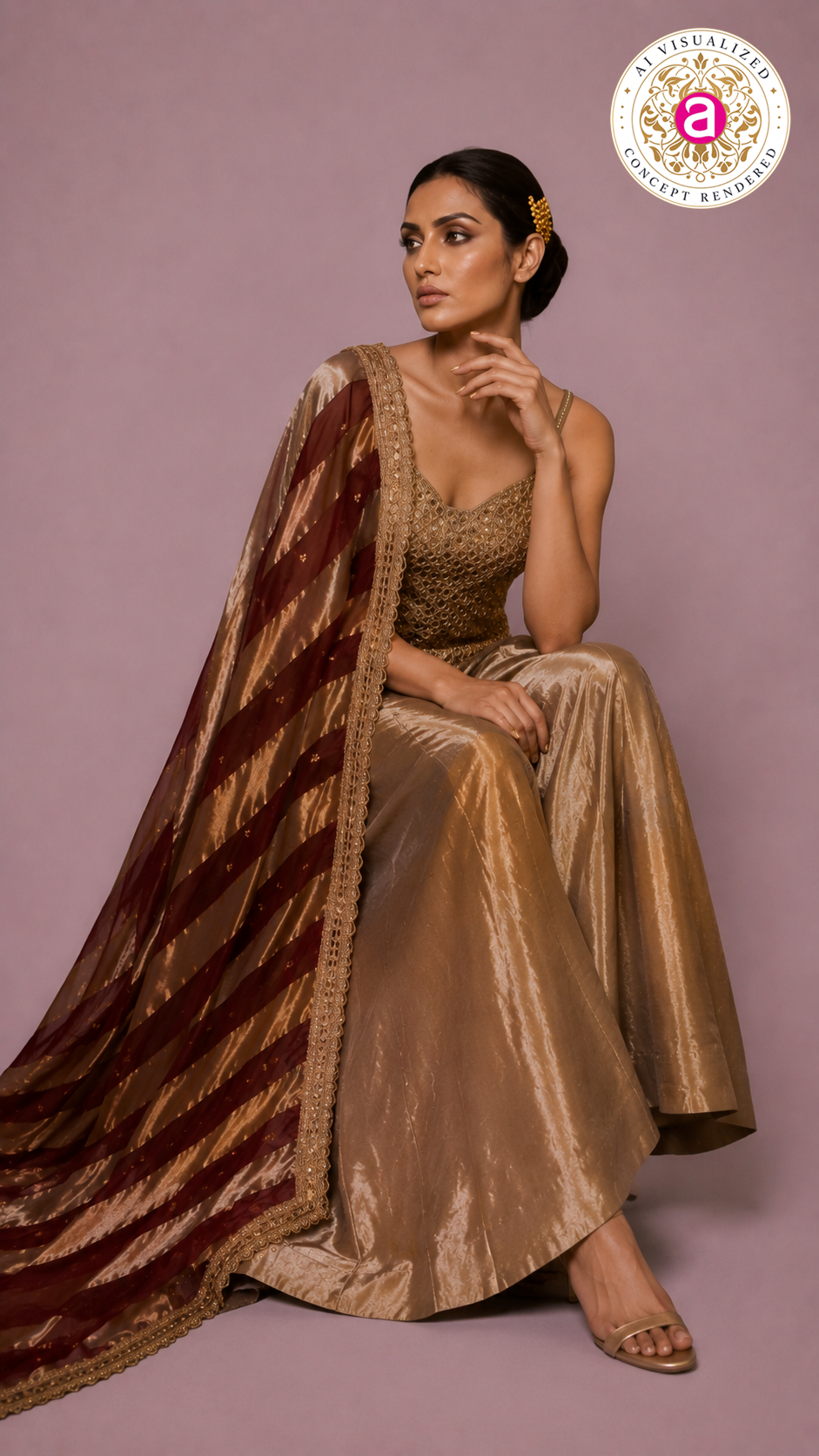 Champagne Gold Embellished Corset Top with Silk Palazzo & Striped Organza Dupatta