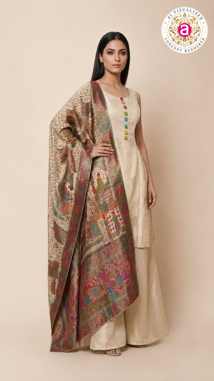 Ivory Silk Kurta Palazzo Set with Heritage Printed Dupatta