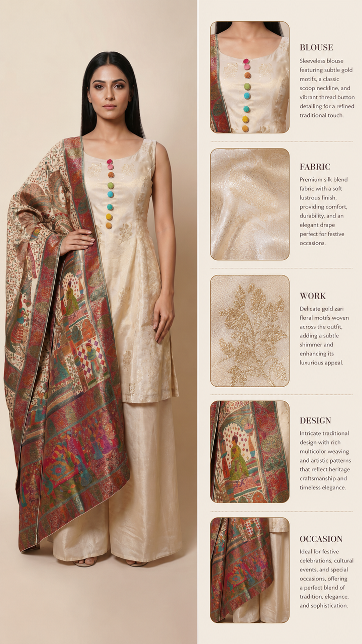 Ivory Silk Kurta Palazzo Set with Heritage Printed Dupatta
