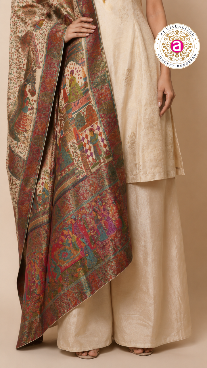 Ivory Silk Kurta Palazzo Set with Heritage Printed Dupatta