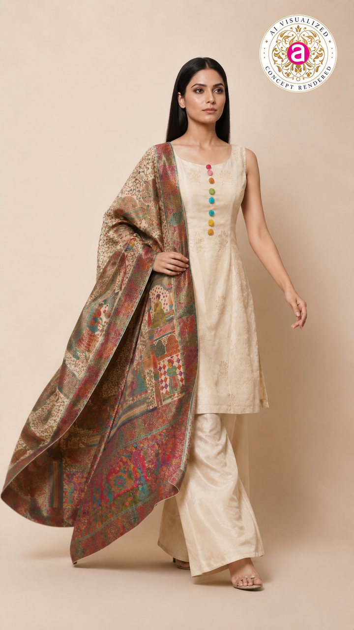 Ivory Silk Kurta Palazzo Set with Heritage Printed Dupatta