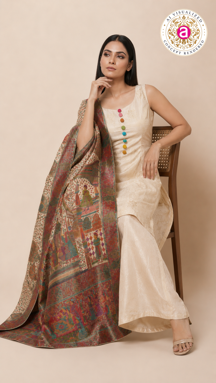 Ivory Silk Kurta Palazzo Set with Heritage Printed Dupatta