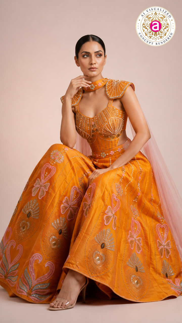 Sunset Orange Embellished Indo-Western Gown with Cape Dupatta