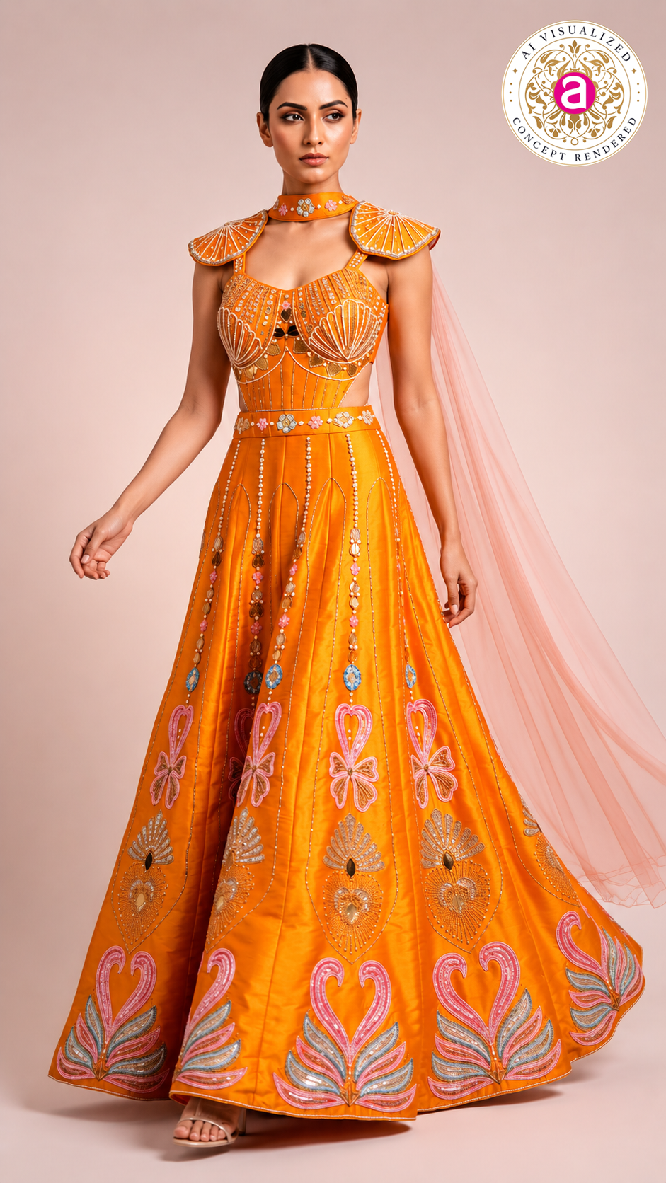 Sunset Orange Embellished Indo-Western Gown with Cape Dupatta