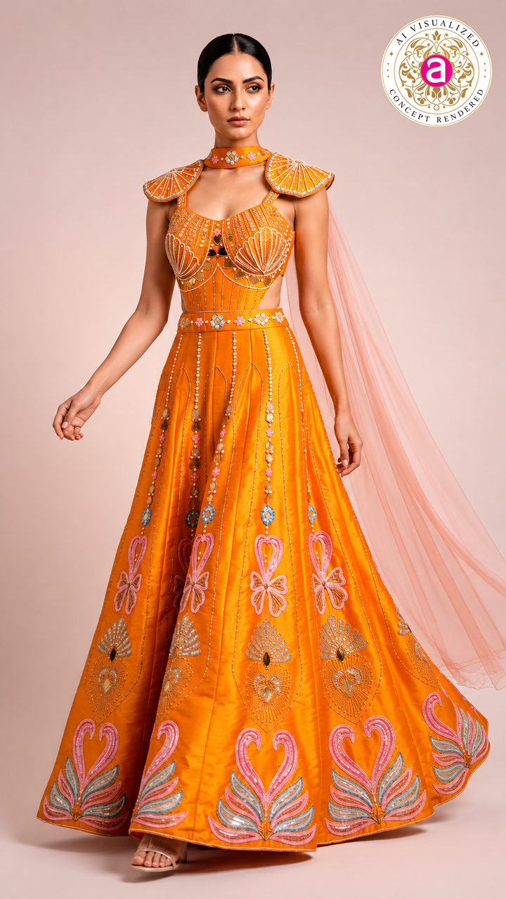 Sunset Orange Embellished Indo-Western Gown with Cape Dupatta