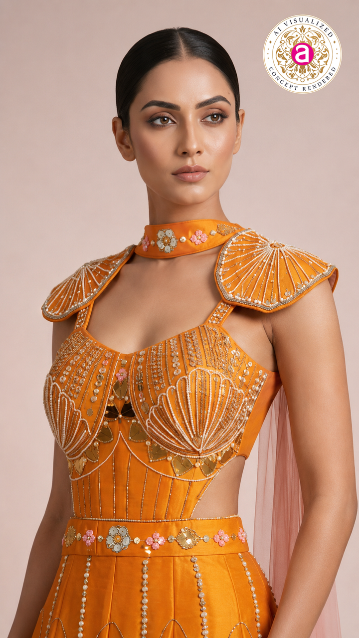Sunset Orange Embellished Indo-Western Gown with Cape Dupatta
