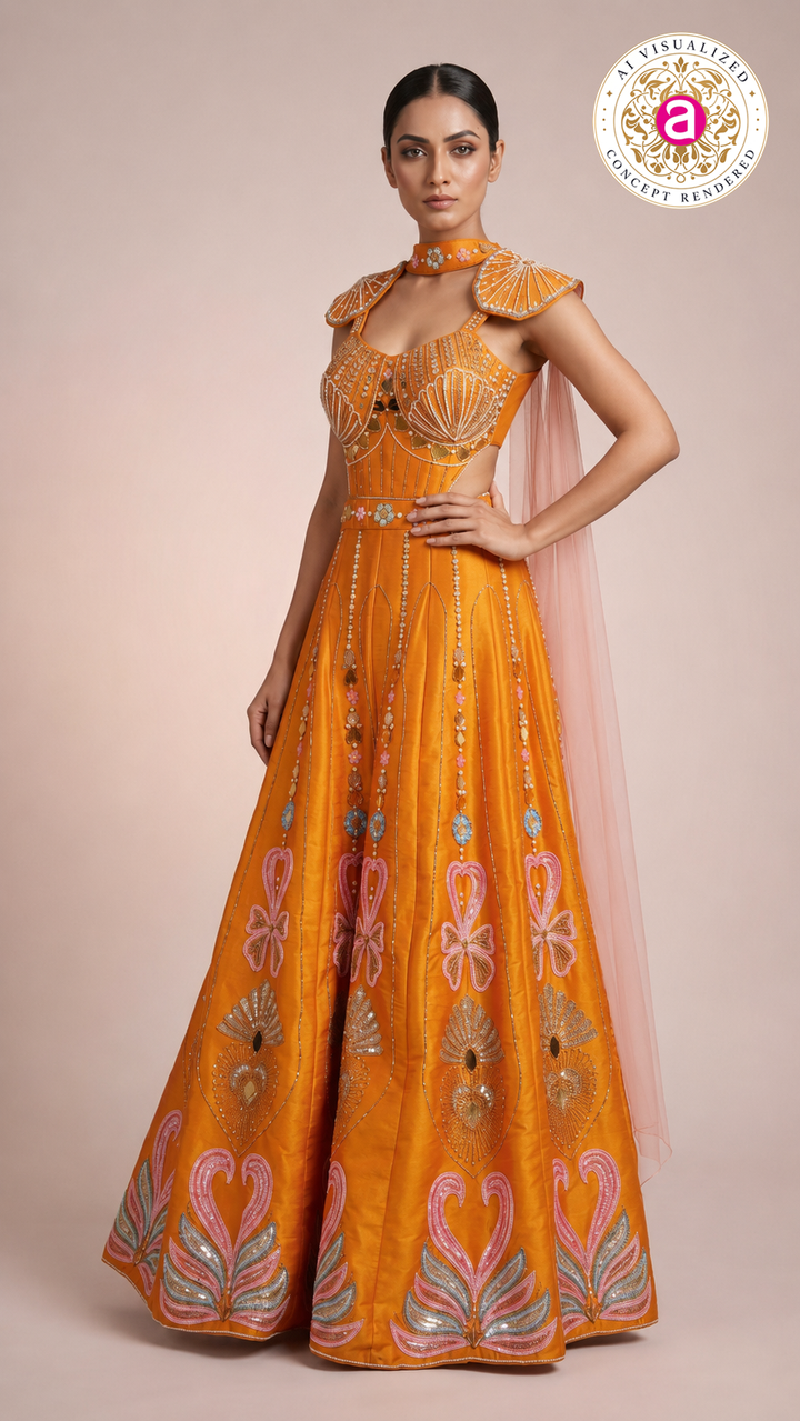 Sunset Orange Embellished Indo-Western Gown with Cape Dupatta