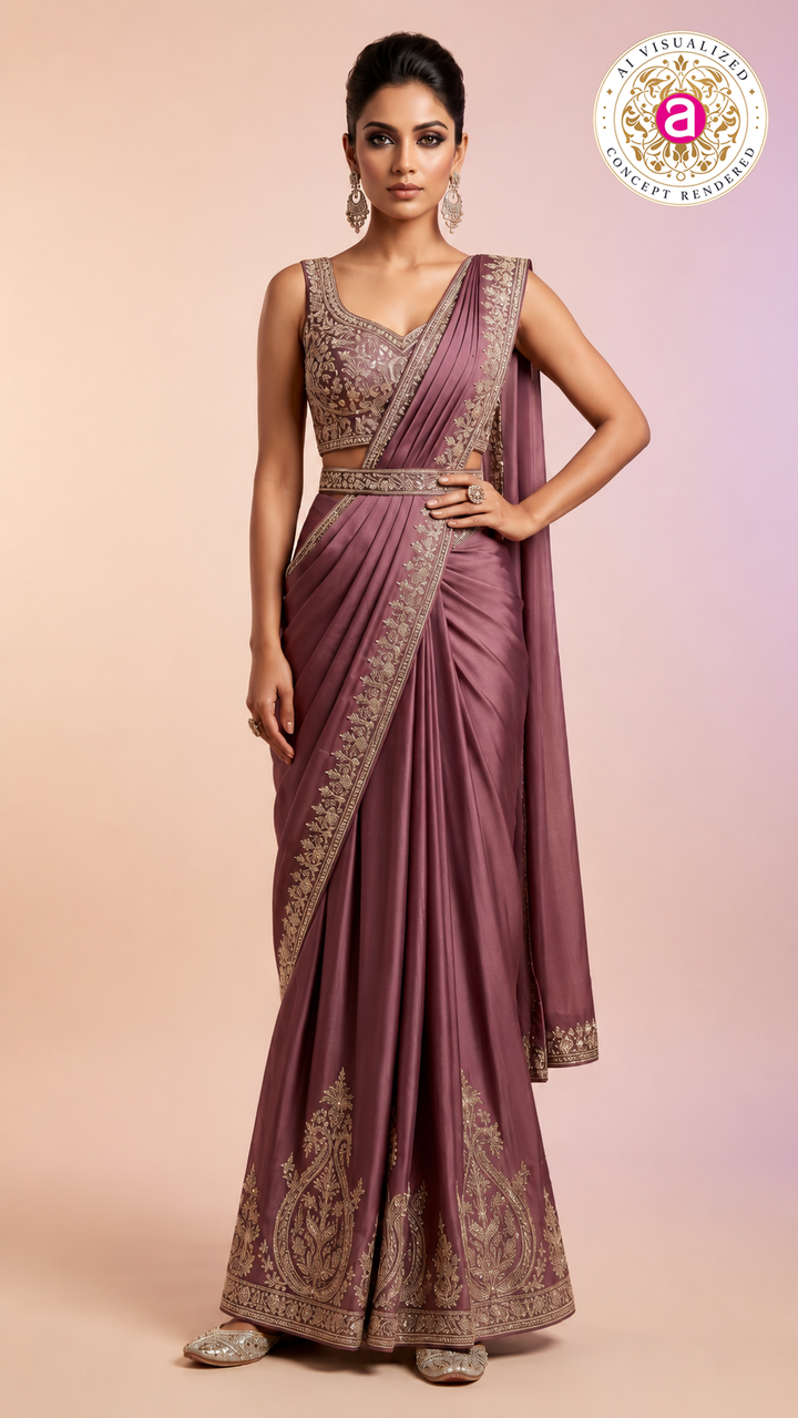Mauve Purple Ready-to-Wear Saree with Embroidered Border & Designer Blouse