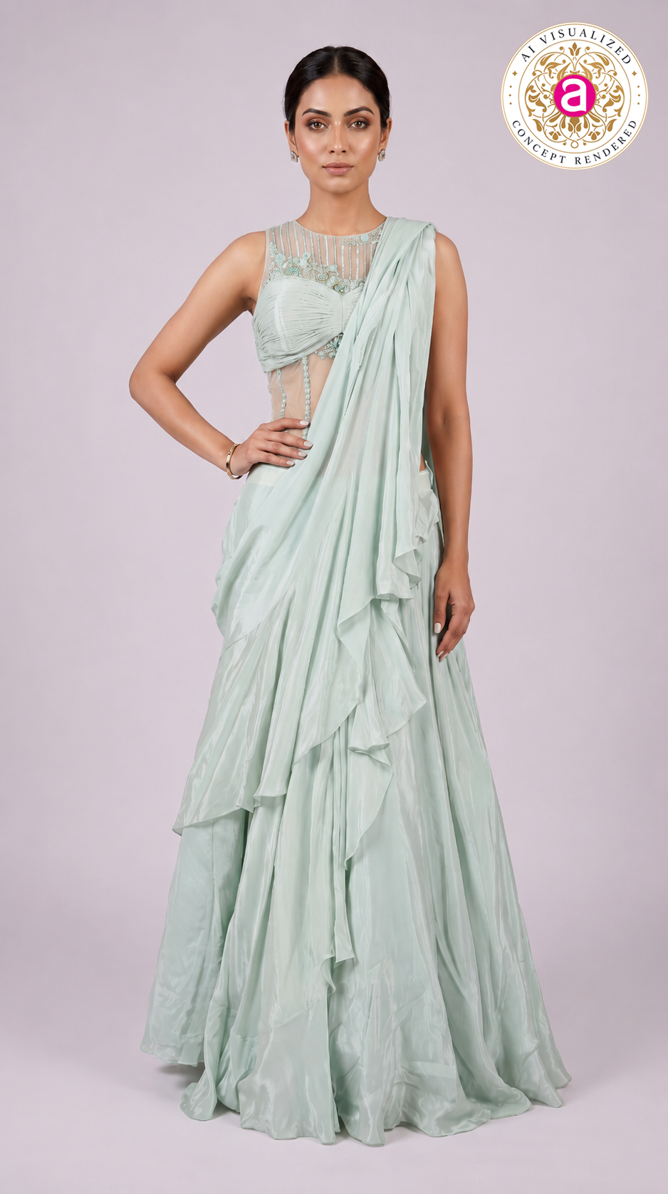 Mint Green Ready-to-Wear Saree with Ruffle Drape & Embellished Designer Blouse