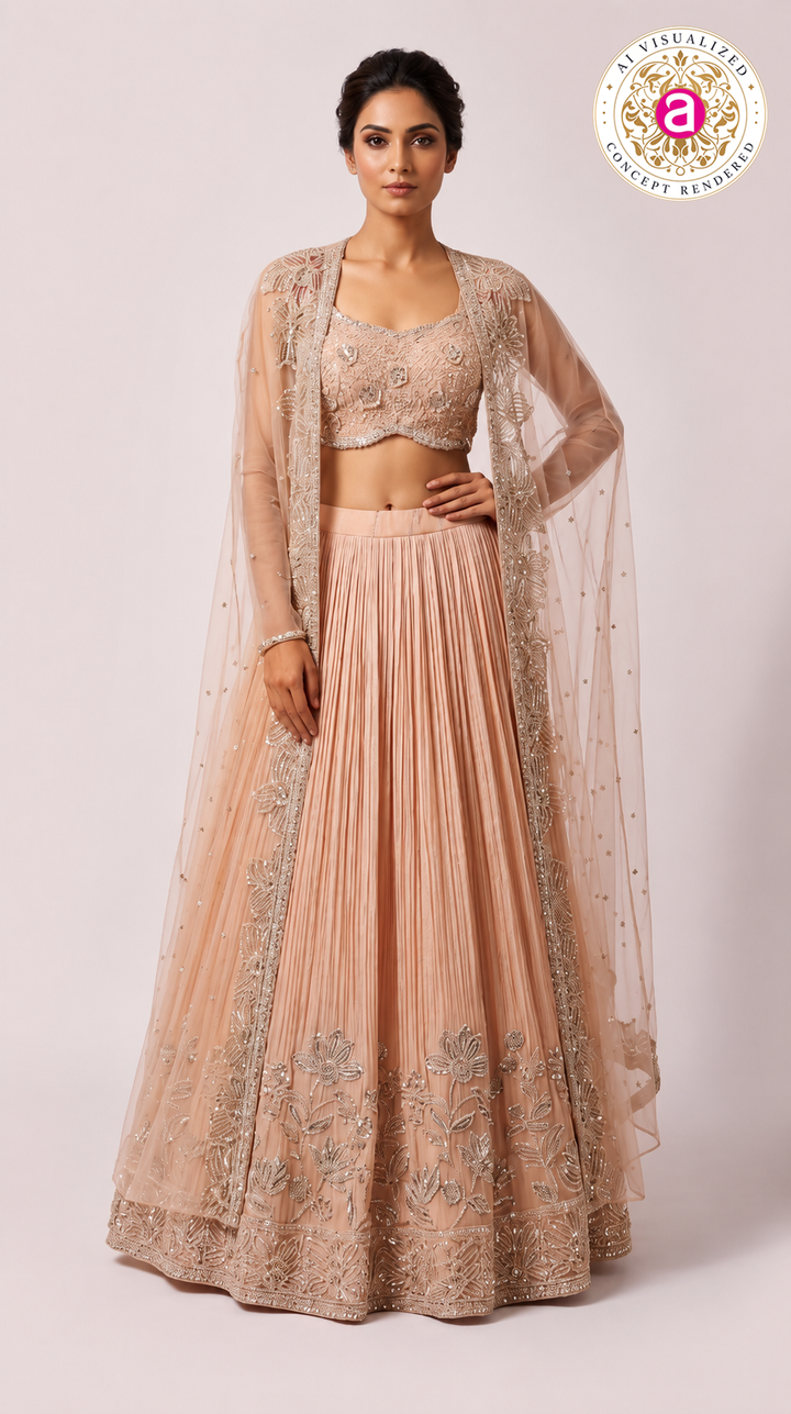 Blush Pink Embroidered Pleated Lehenga Set with Net Dupatta