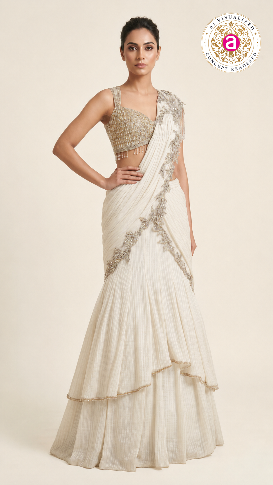 Ivory Crystal Embellished Ready-to-Wear Saree Set
