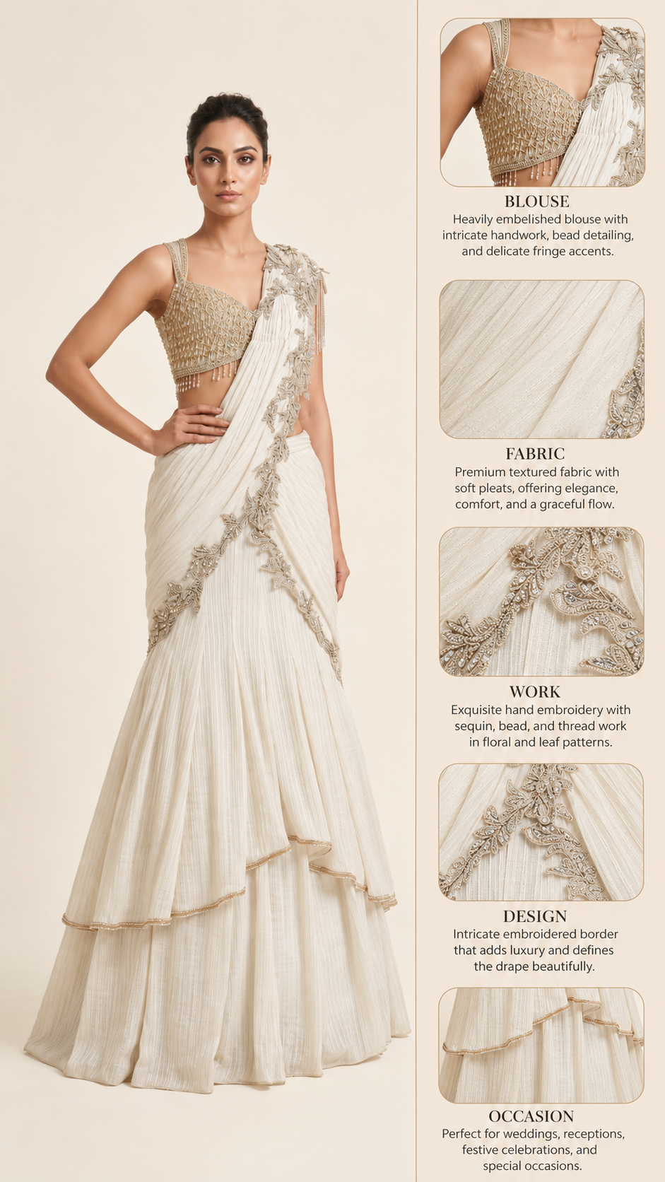 Ivory Crystal Embellished Ready-to-Wear Saree Set