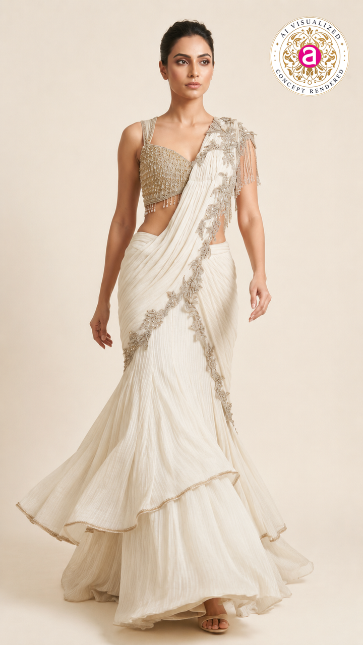 Ivory Crystal Embellished Ready-to-Wear Saree Set
