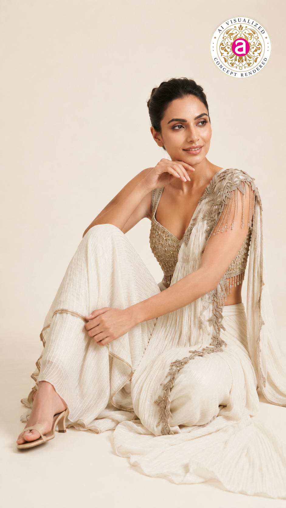 Ivory Crystal Embellished Ready-to-Wear Saree Set