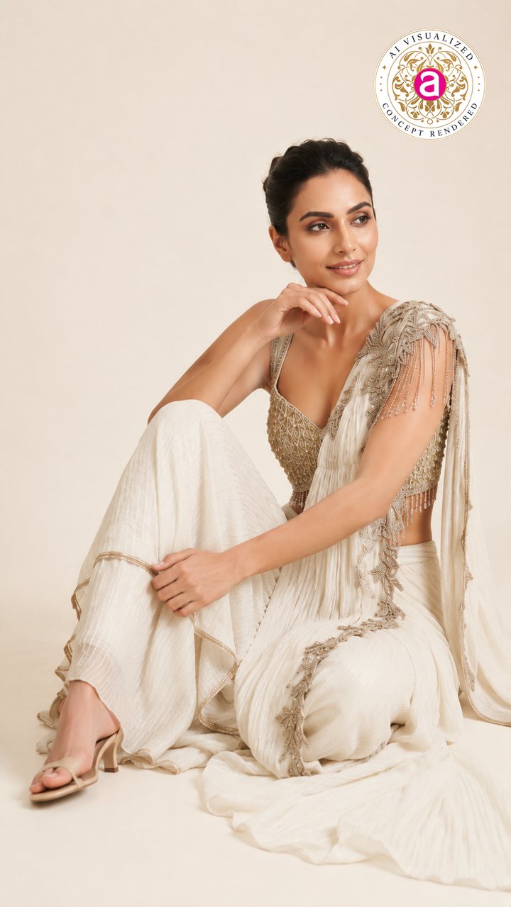 Ivory Crystal Embellished Ready-to-Wear Saree Set
