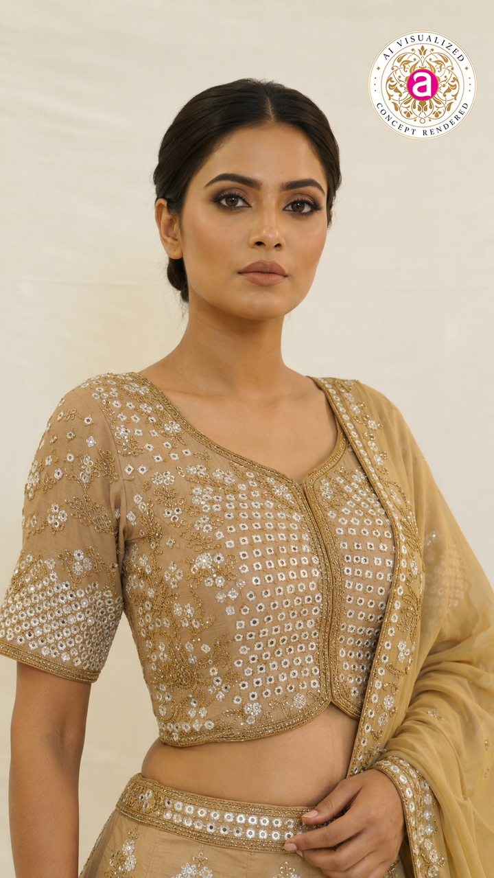 Champagne Gold Mirror Embellished Designer Lehenga Set