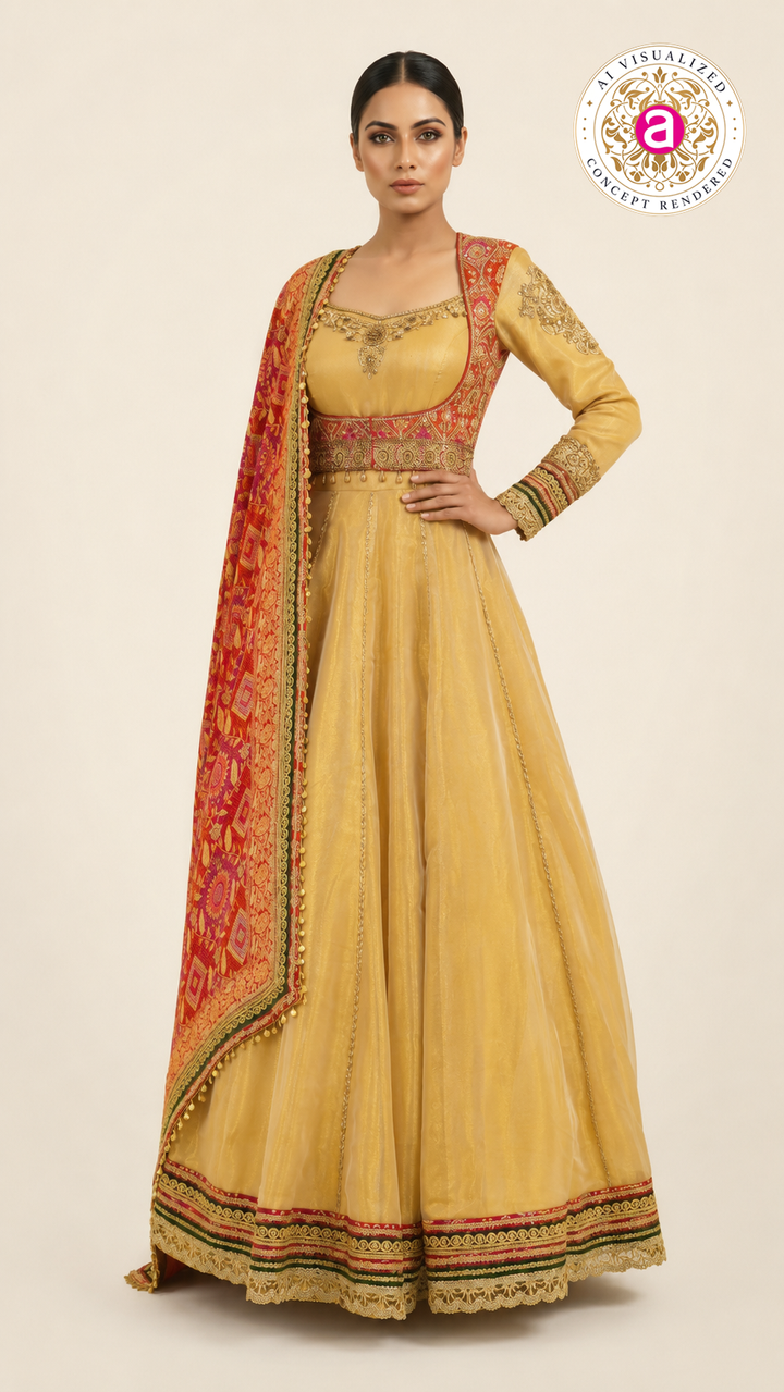 Golden Beige Anarkali Gown with Heritage Printed Dupatta