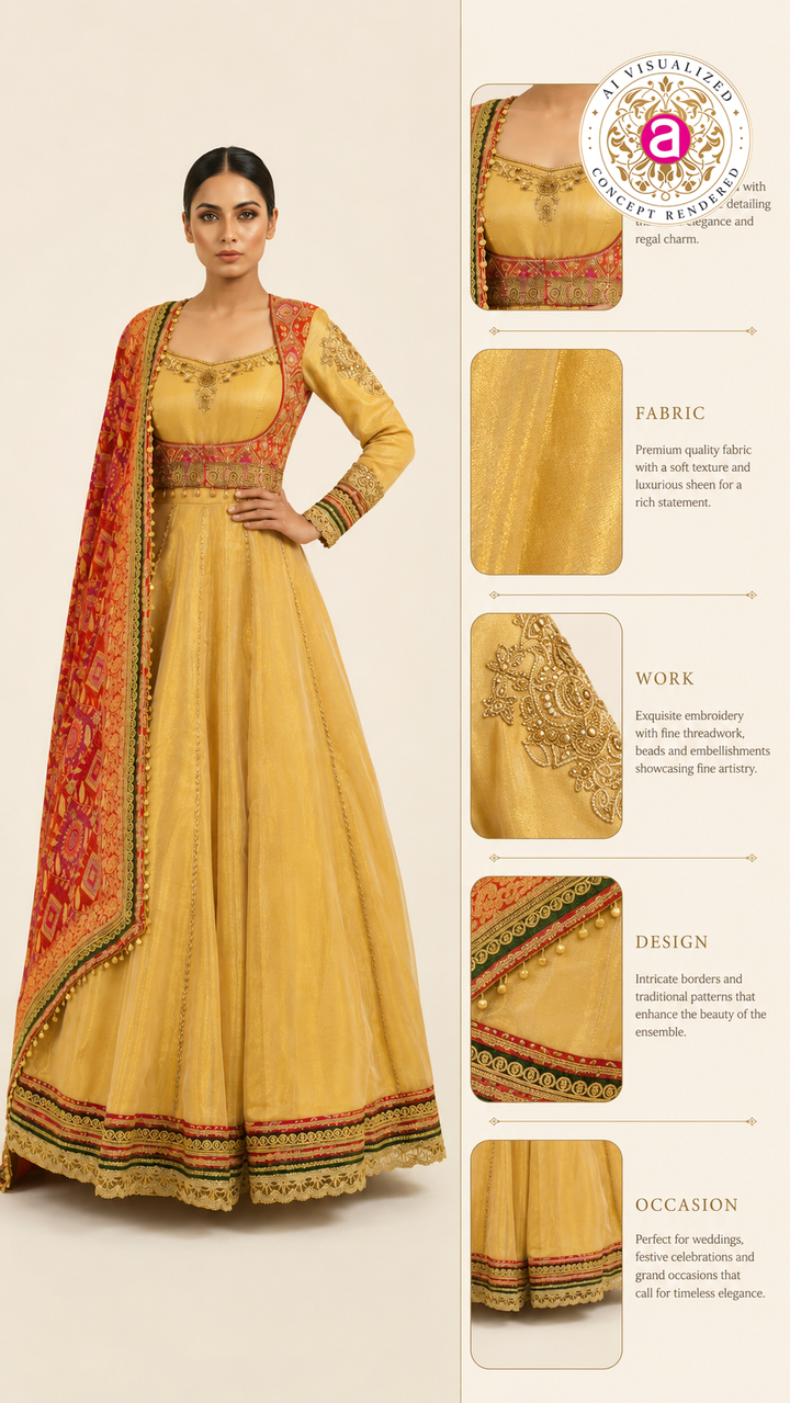 Golden Beige Anarkali Gown with Heritage Printed Dupatta