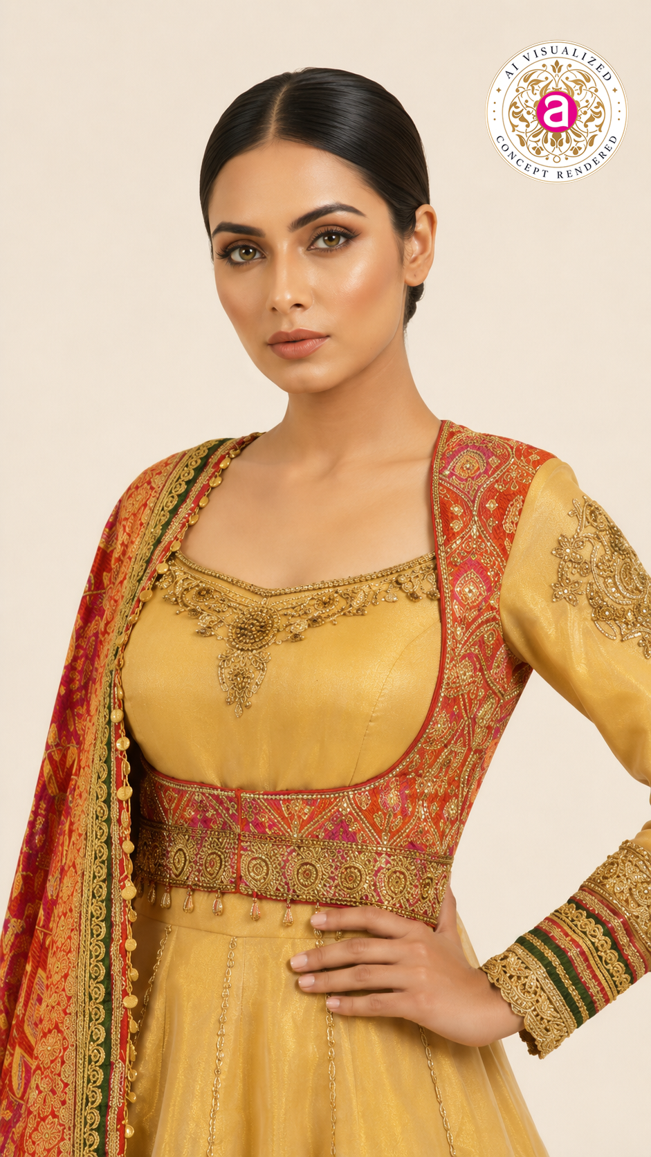 Golden Beige Anarkali Gown with Heritage Printed Dupatta