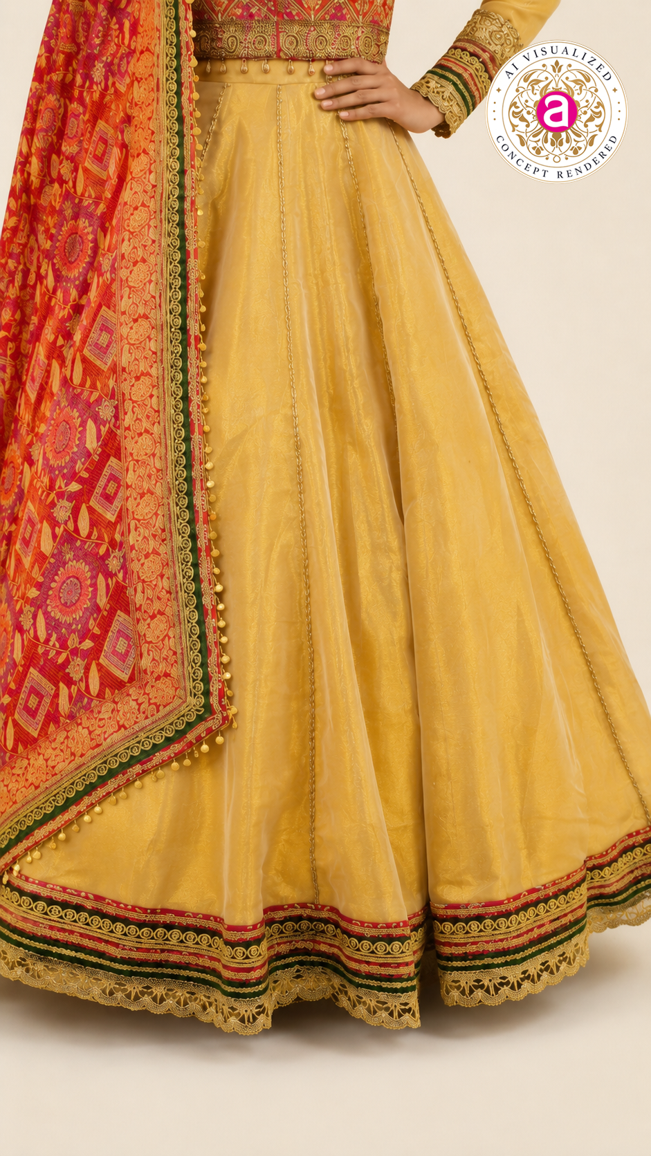 Golden Beige Anarkali Gown with Heritage Printed Dupatta