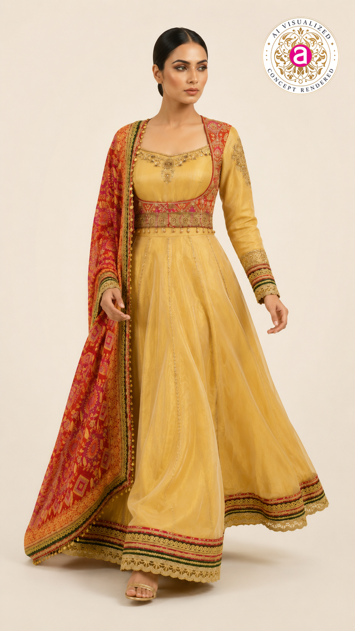 Golden Beige Anarkali Gown with Heritage Printed Dupatta