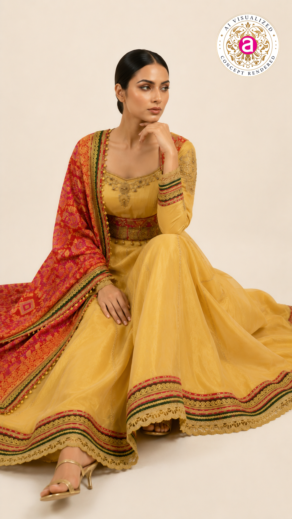 Golden Beige Anarkali Gown with Heritage Printed Dupatta