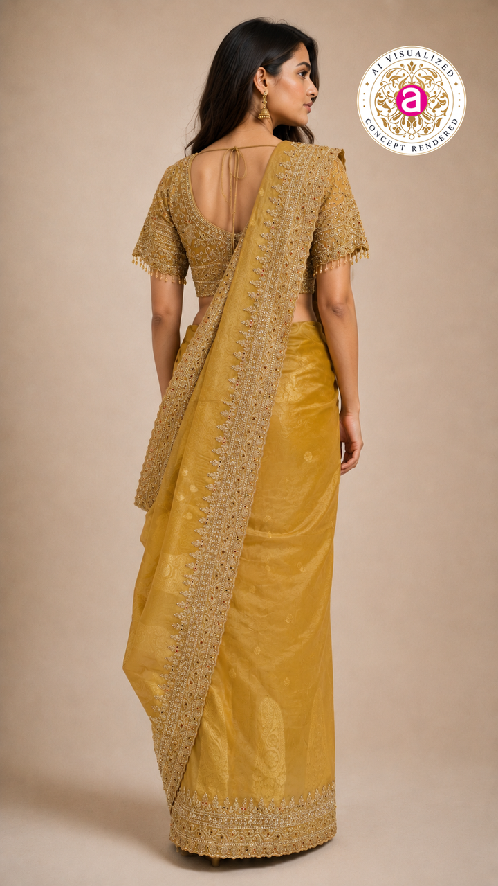 Mustard Gold Embroidered Designer Saree with Heavy Work Blouse