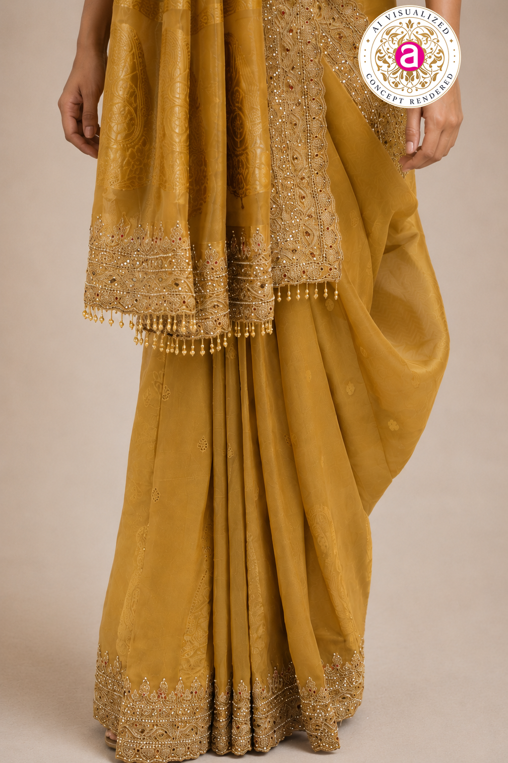 Mustard Gold Embroidered Designer Saree with Heavy Work Blouse