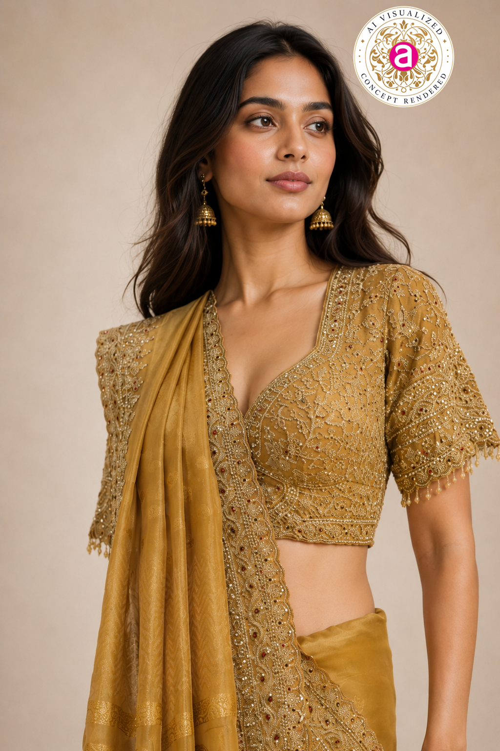 Mustard Gold Embroidered Designer Saree with Heavy Work Blouse
