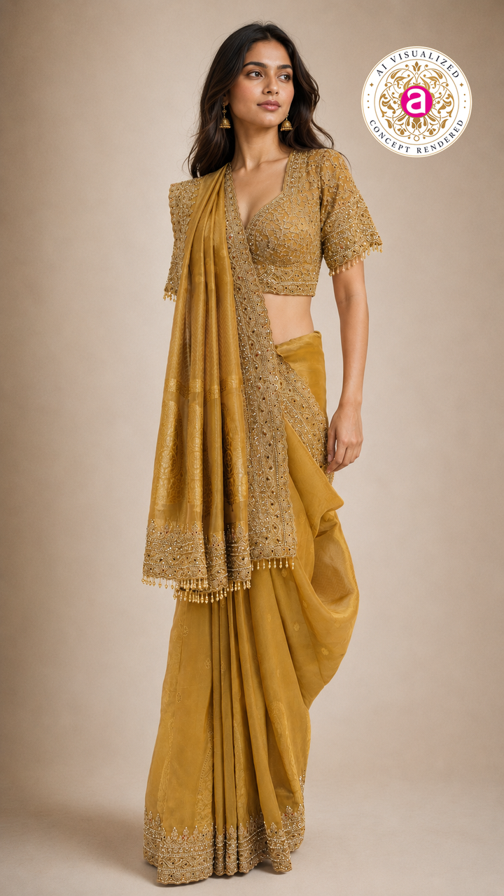 Mustard Gold Embroidered Designer Saree with Heavy Work Blouse