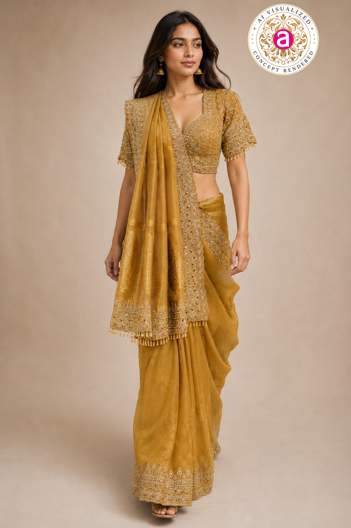 Mustard Gold Embroidered Designer Saree with Heavy Work Blouse