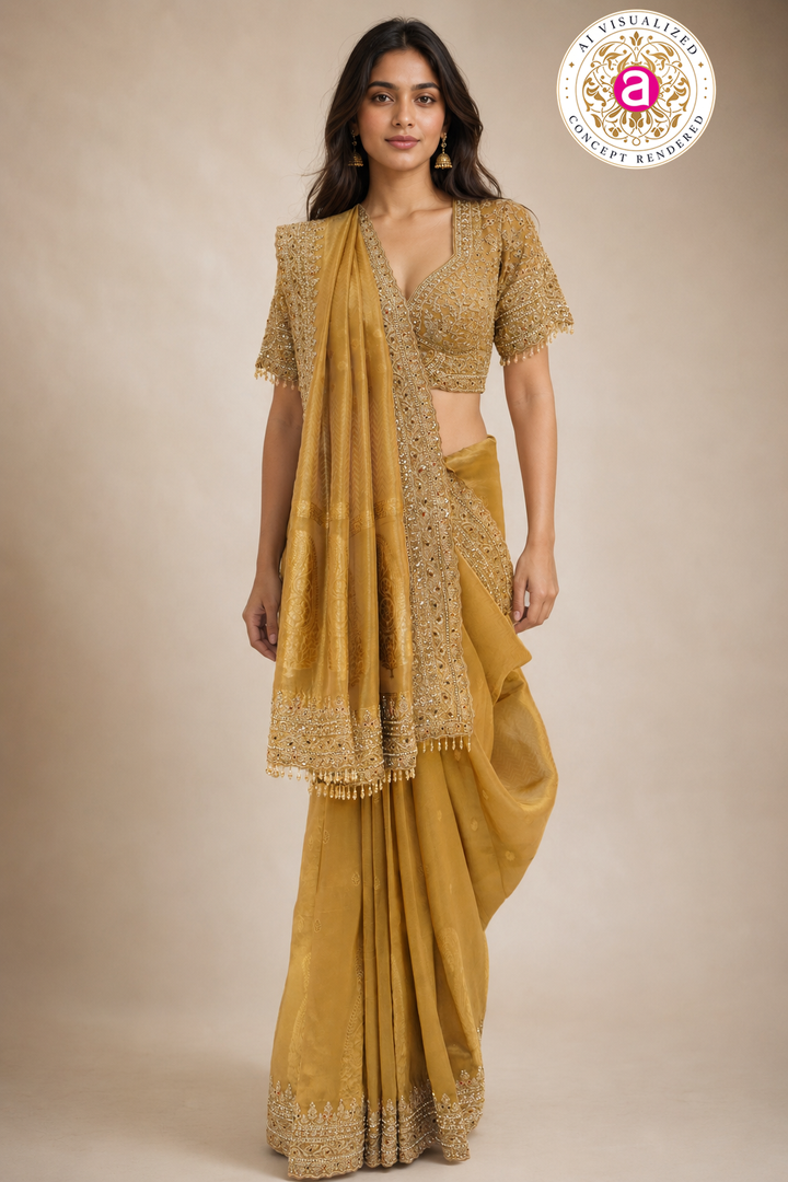 Mustard Gold Embroidered Designer Saree with Heavy Work Blouse