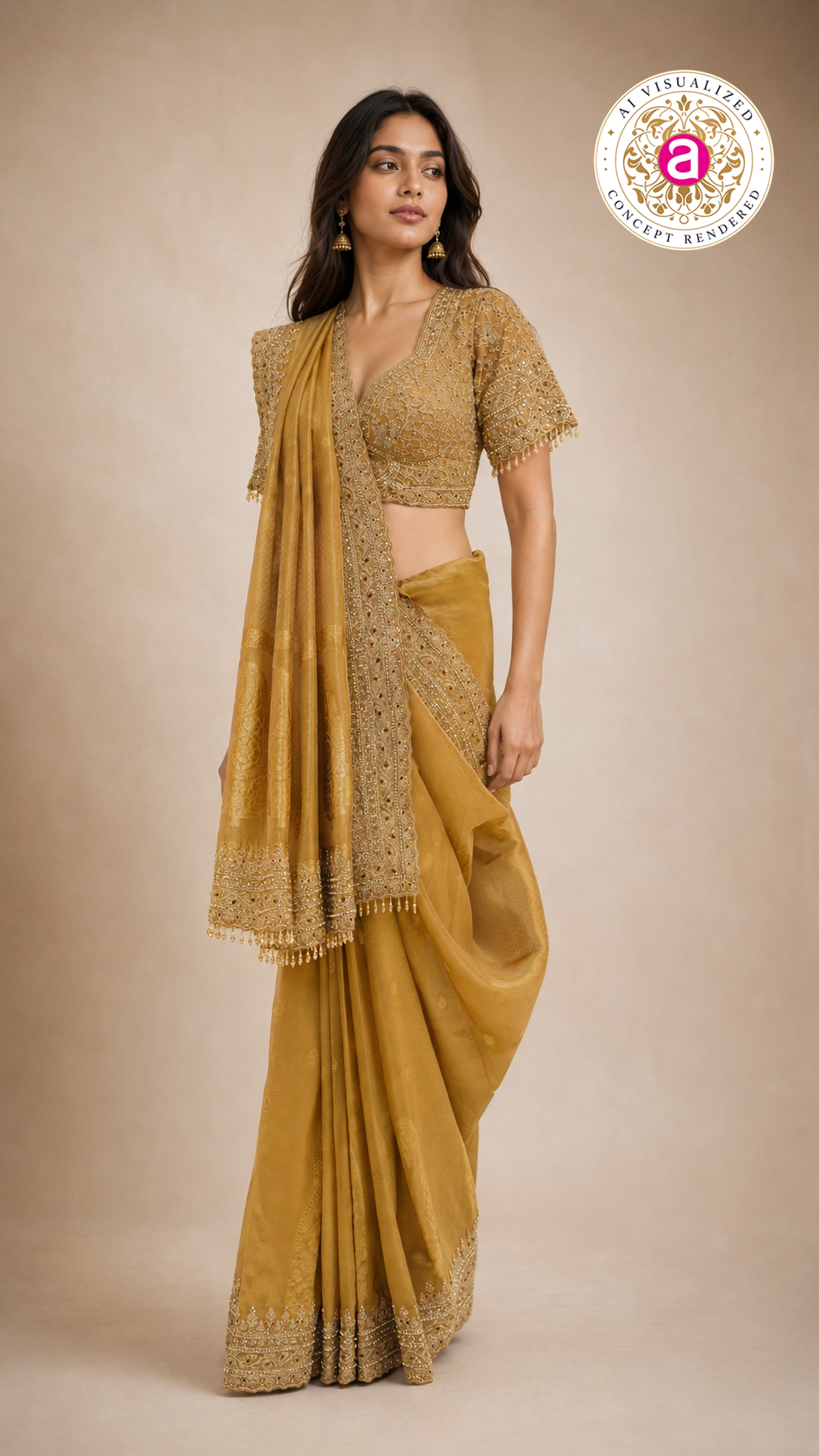 Mustard Gold Embroidered Designer Saree with Heavy Work Blouse