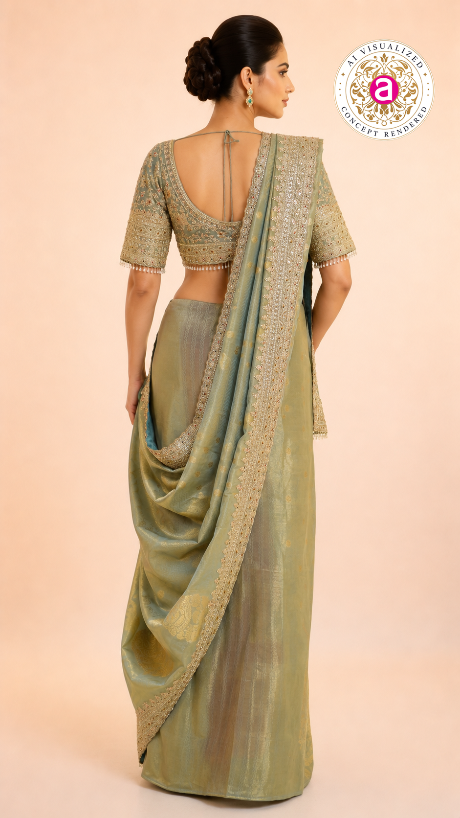 Pastel Sage Green Embroidered Designer Saree with Heavy Work Blouse