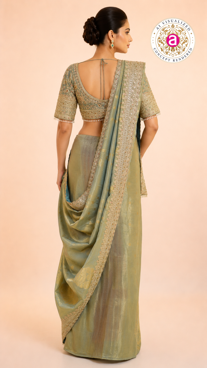 Pastel Sage Green Embroidered Designer Saree with Heavy Work Blouse