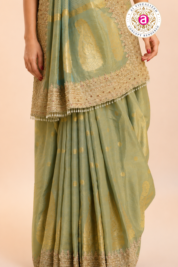 Pastel Sage Green Embroidered Designer Saree with Heavy Work Blouse
