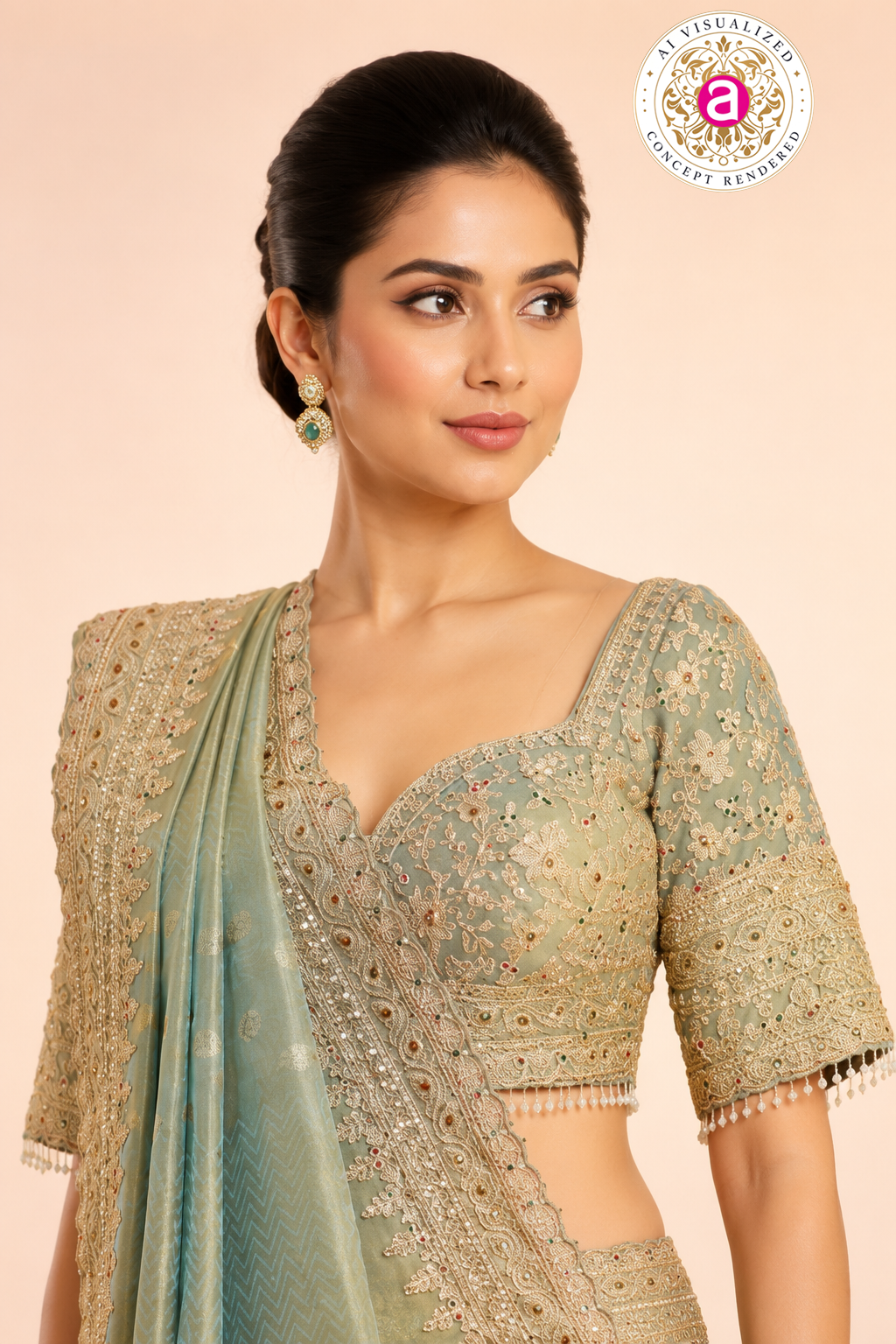 Pastel Sage Green Embroidered Designer Saree with Heavy Work Blouse