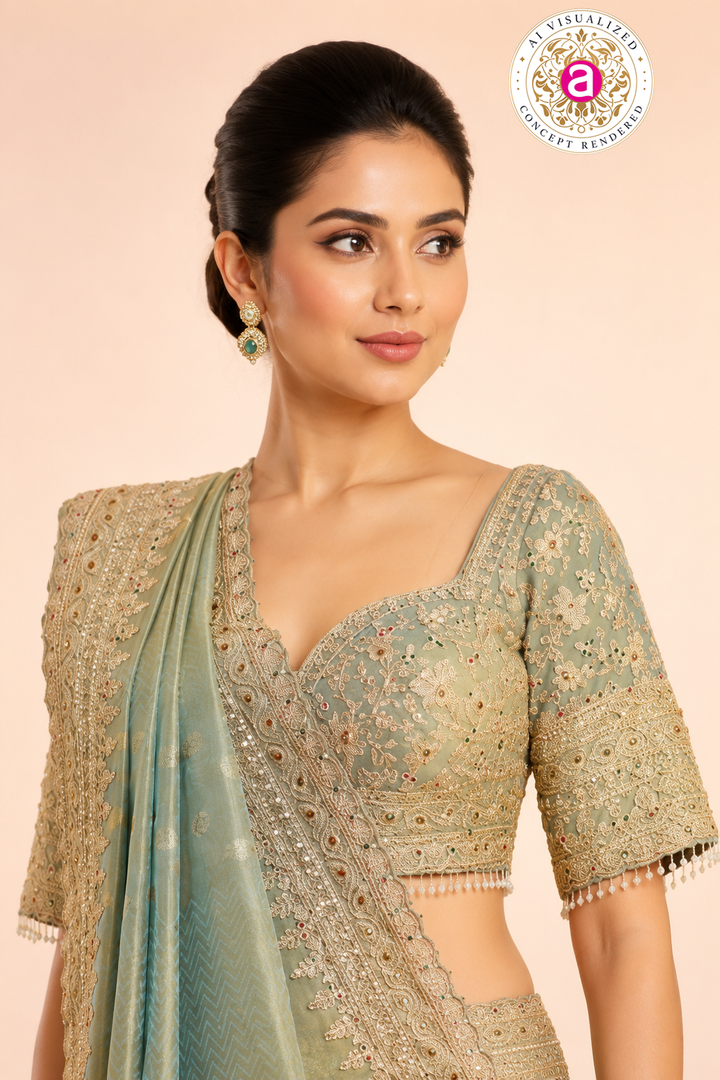 Pastel Sage Green Embroidered Designer Saree with Heavy Work Blouse